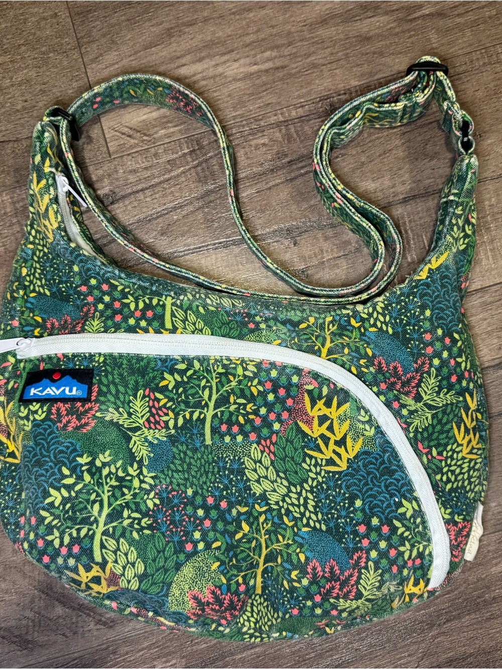 Kavu Green Botanical Print Crossbody Bag with Yellow & Pink Accents